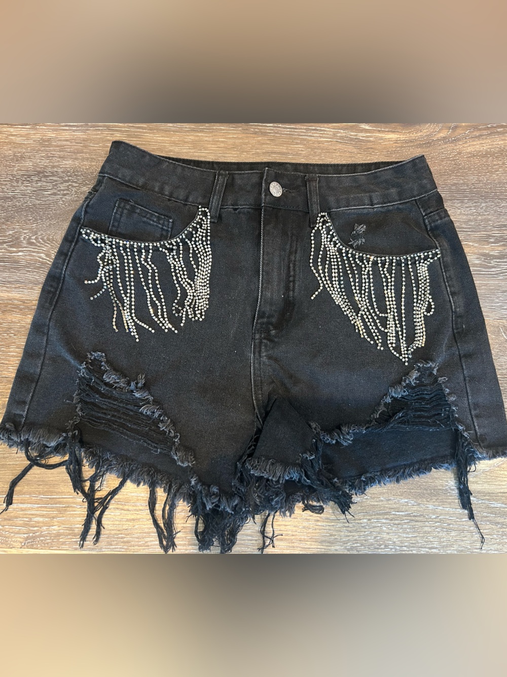 M348 Shein US 4 Black Distressed Jean Shorts with Rhinestone Fringe